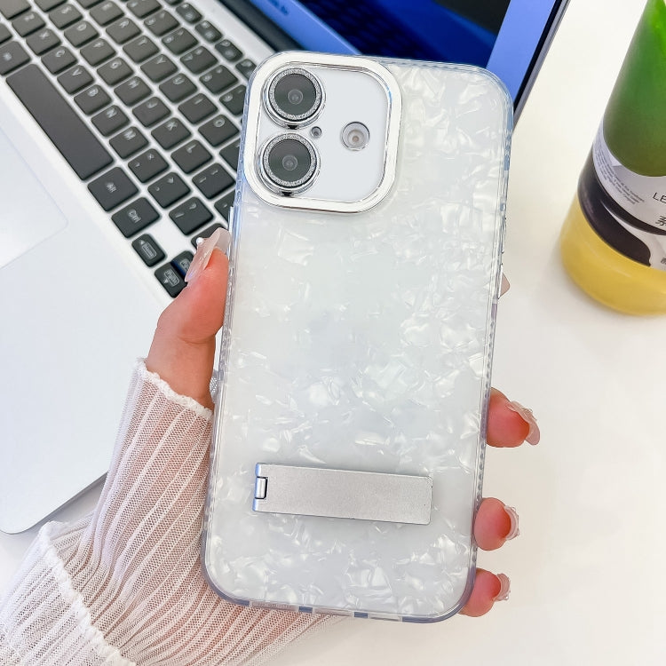 Plating Glitter Texture Fold Holder TPU Phone Case with Lens Film, For iPhone 16 Plus