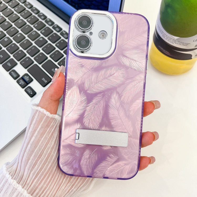 Plating Glitter Texture Fold Holder TPU Phone Case with Lens Film, For iPhone 16 Plus