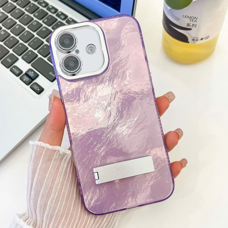 Plating Glitter Texture Fold Holder TPU Phone Case with Lens Film, For iPhone 16 Plus