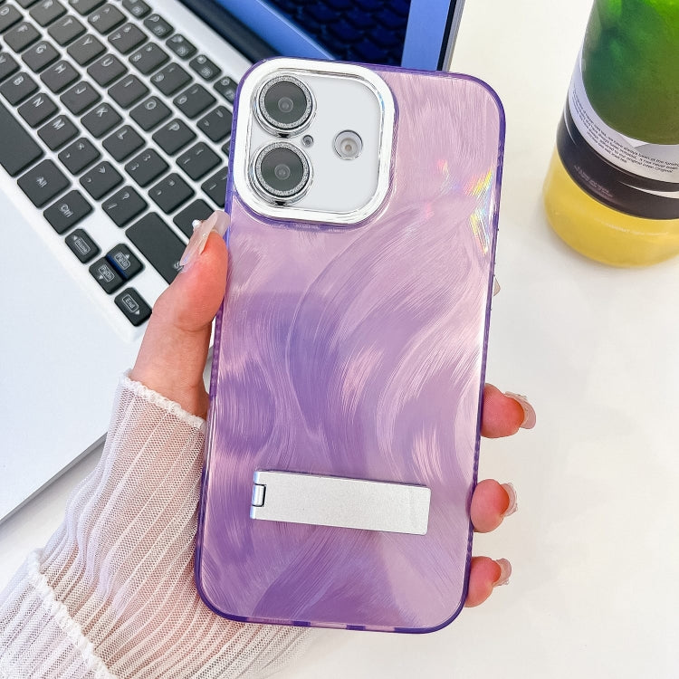 Plating Glitter Texture Fold Holder TPU Phone Case with Lens Film, For iPhone 16