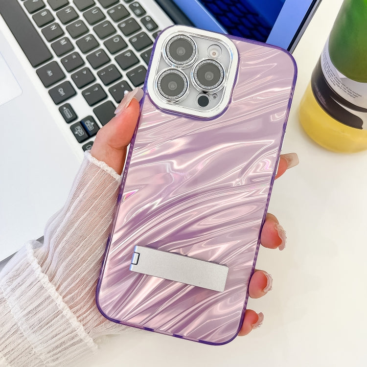 Plating Glitter Texture Fold Holder TPU Phone Case with Lens Film, For iPhone 15 Pro