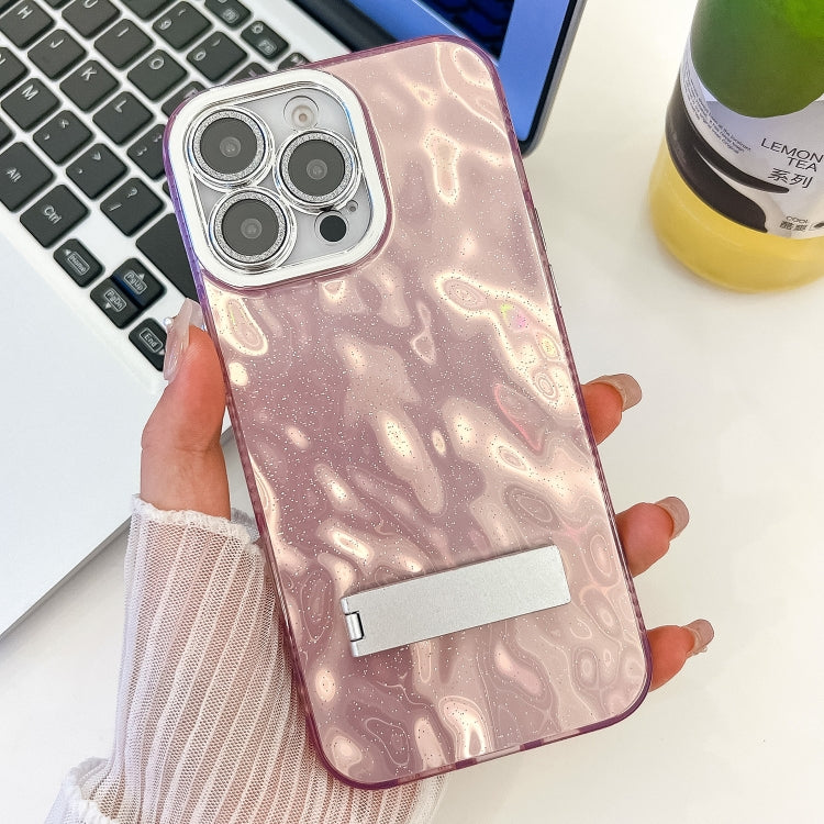 Plating Glitter Texture Fold Holder TPU Phone Case with Lens Film, For iPhone 15 Pro