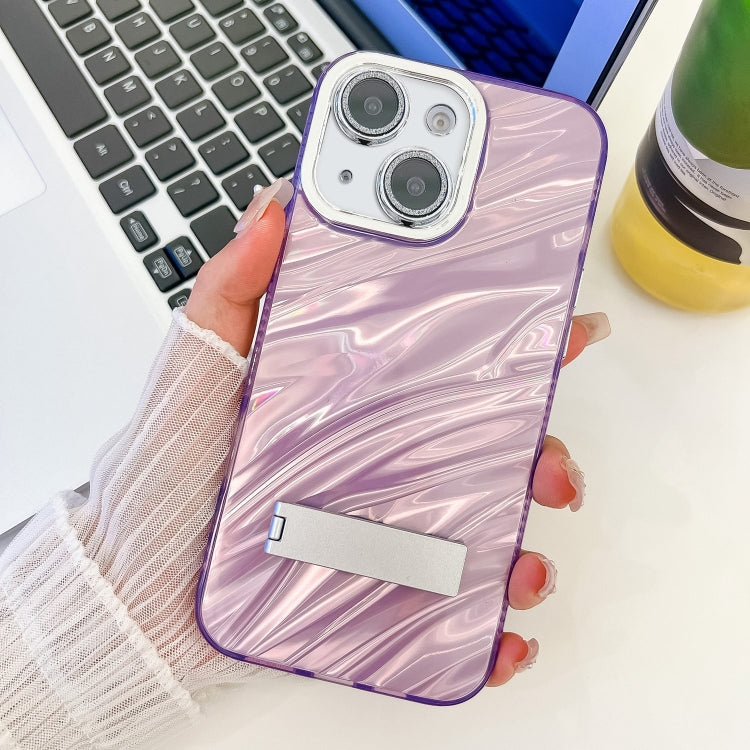 Plating Glitter Texture Fold Holder TPU Phone Case with Lens Film, For iPhone 14