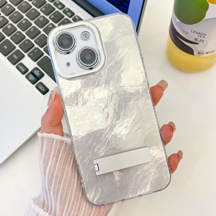 Plating Glitter Texture Fold Holder TPU Phone Case with Lens Film, For iPhone 14