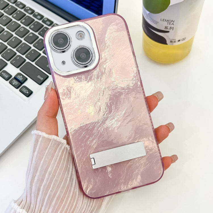 Plating Glitter Texture Fold Holder TPU Phone Case with Lens Film, For iPhone 14