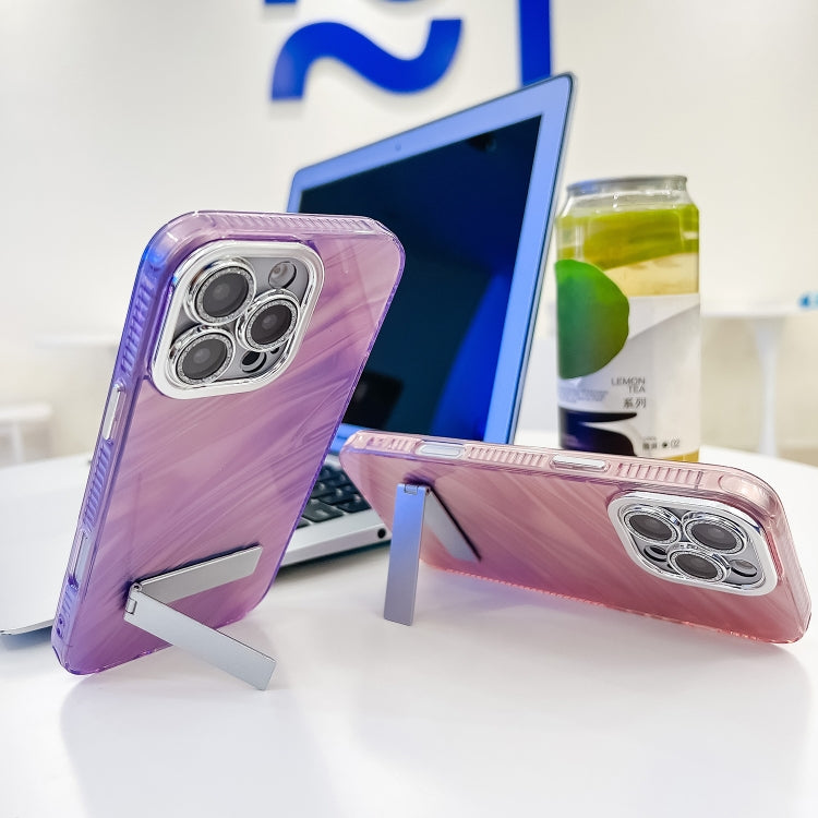 Plating Glitter Texture Fold Holder TPU Phone Case with Lens Film, For iPhone 15 Pro
