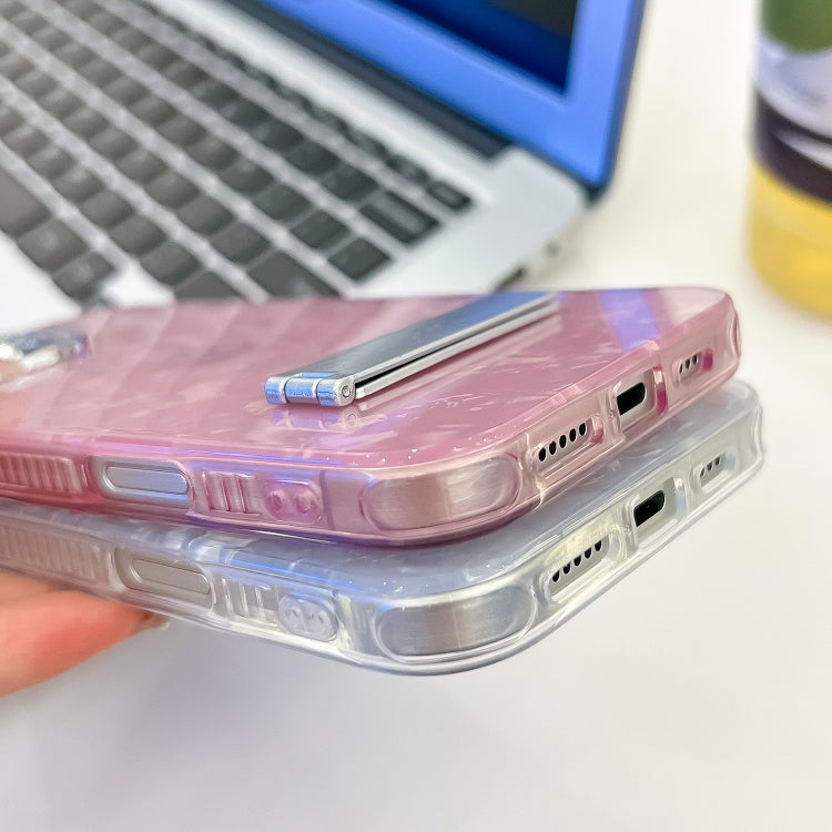 Plating Glitter Texture Fold Holder TPU Phone Case with Lens Film, For iPhone 15 Pro