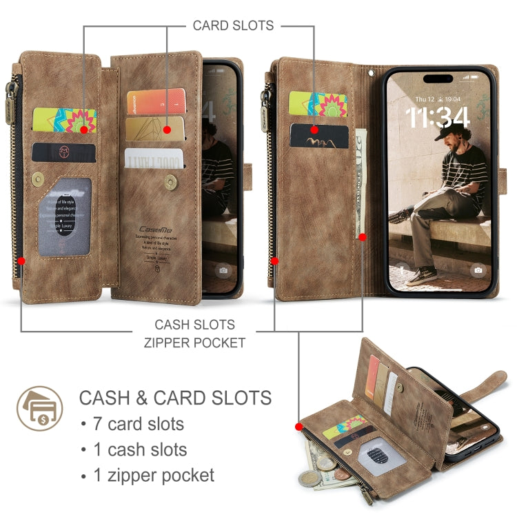 CaseMe C30 Card Slots Zipper Wallet Leather Phone Case, For iPhone 16 Pro, For iPhone 16 Plus, For iPhone 16