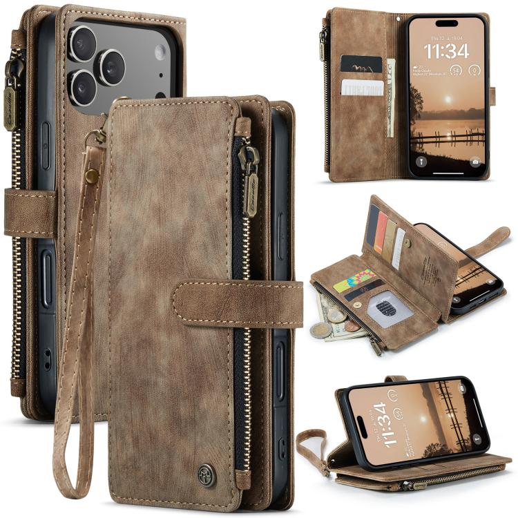 CaseMe C30 Card Slots Zipper Wallet Leather Phone Case, For iPhone 16 Pro, For iPhone 16 Plus, For iPhone 16