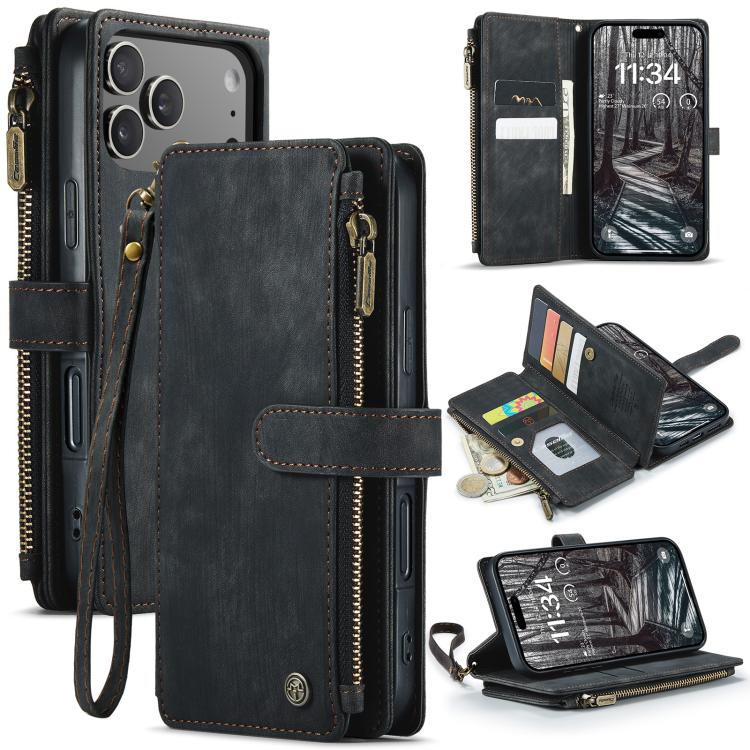 CaseMe C30 Card Slots Zipper Wallet Leather Phone Case, For iPhone 16 Pro, For iPhone 16 Plus, For iPhone 16