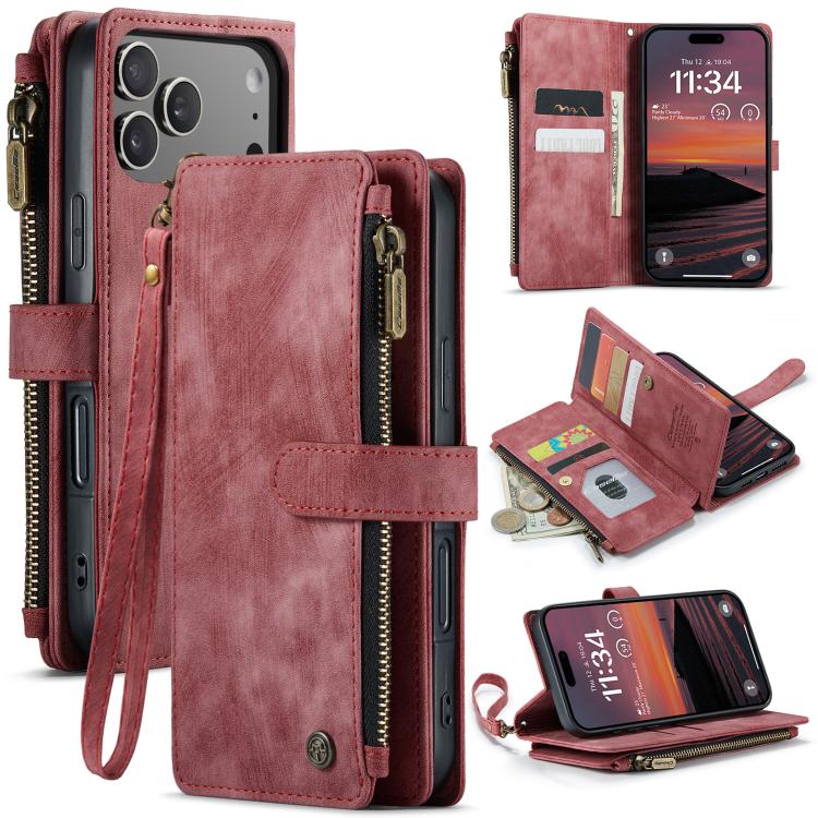 CaseMe C30 Card Slots Zipper Wallet Leather Phone Case, For iPhone 16 Pro, For iPhone 16 Plus, For iPhone 16