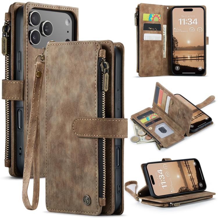 CaseMe C30 Card Slots Zipper Wallet Leather Phone Case, For iPhone 16 Pro, For iPhone 16 Plus, For iPhone 16