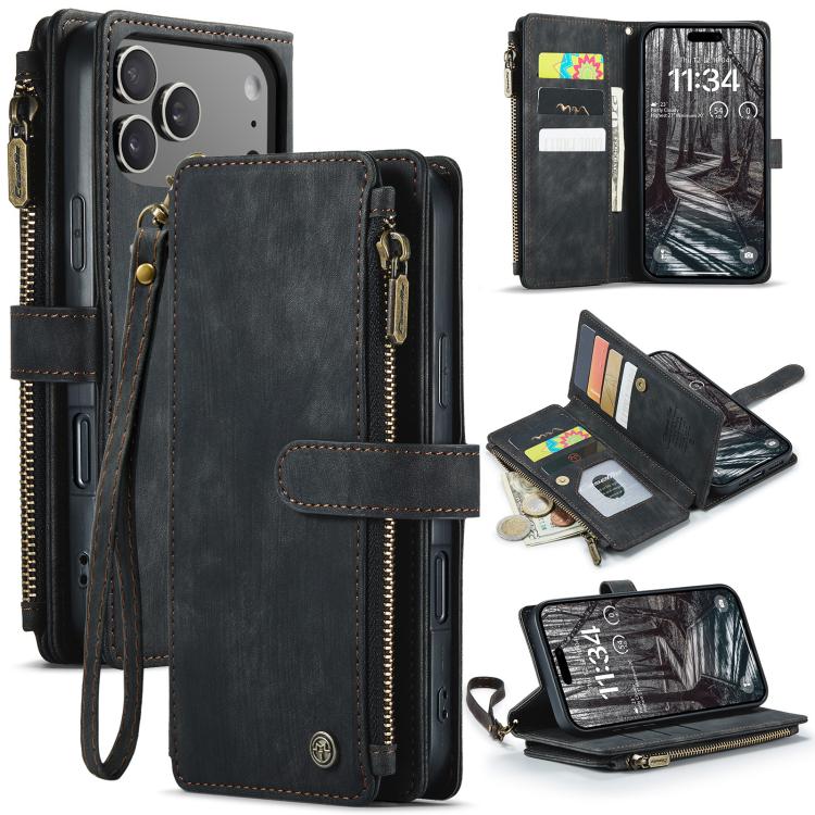 CaseMe C30 Card Slots Zipper Wallet Leather Phone Case, For iPhone 16 Pro, For iPhone 16 Plus, For iPhone 16