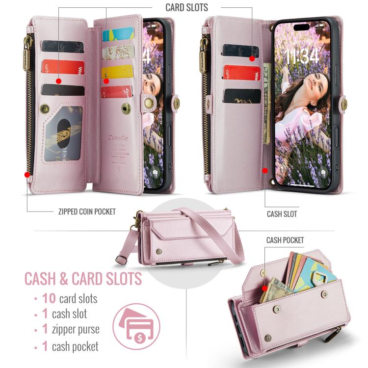 CaseMe C36 Card Slots Zipper Wallet RFID Anti-theft Leather Phone Case, For iPhone Air, For iPhone 16 Pro Max, For iPhone 16 Pro, For iPhone 16 Plus