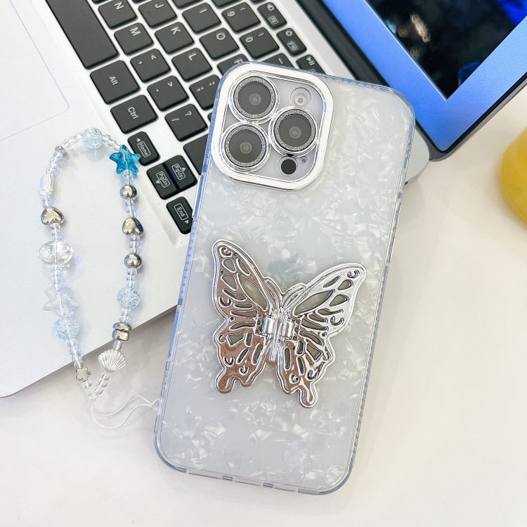 Plating Glitter Lens Film Texture Butterfly Holder Wristband Phone Case, For iPhone 16 Pro Max