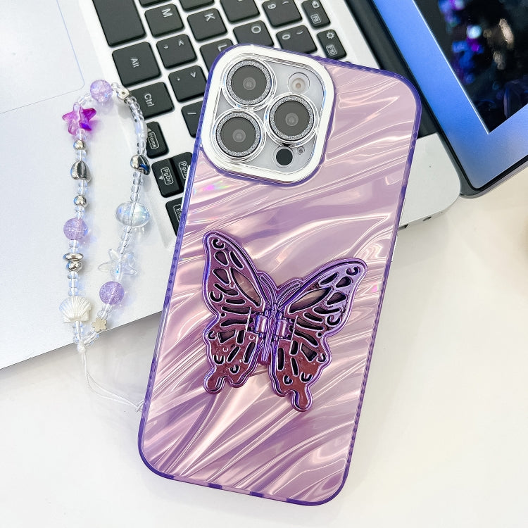 Plating Glitter Lens Film Texture Butterfly Holder Wristband Phone Case, For iPhone 16 Pro