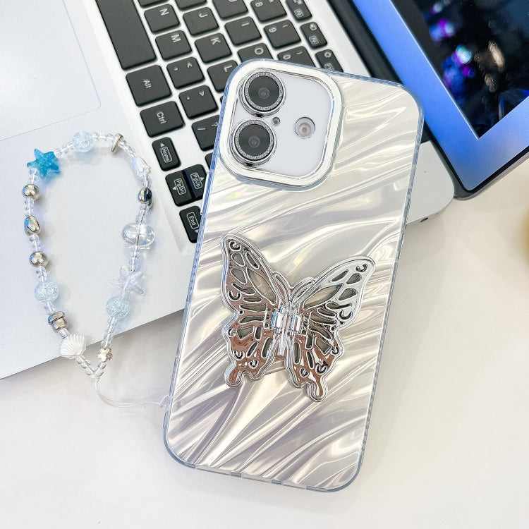 Plating Glitter Lens Film Texture Butterfly Holder Wristband Phone Case, For iPhone 16