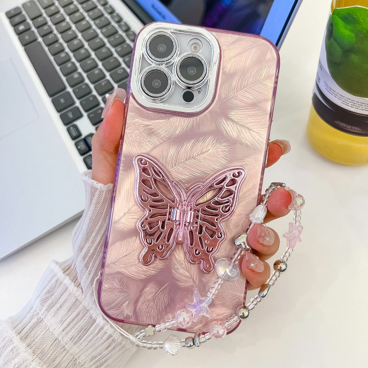 Plating Glitter Lens Film Texture Butterfly Holder Wristband Phone Case, For iPhone 15 Pro Max