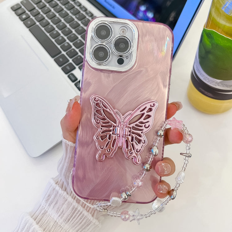 Plating Glitter Lens Film Texture Butterfly Holder Wristband Phone Case, For iPhone 15 Pro Max