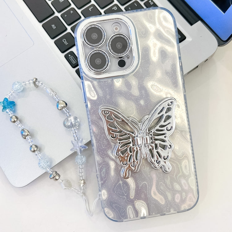 Plating Glitter Lens Film Texture Butterfly Holder Wristband Phone Case, For iPhone 15 Pro Max