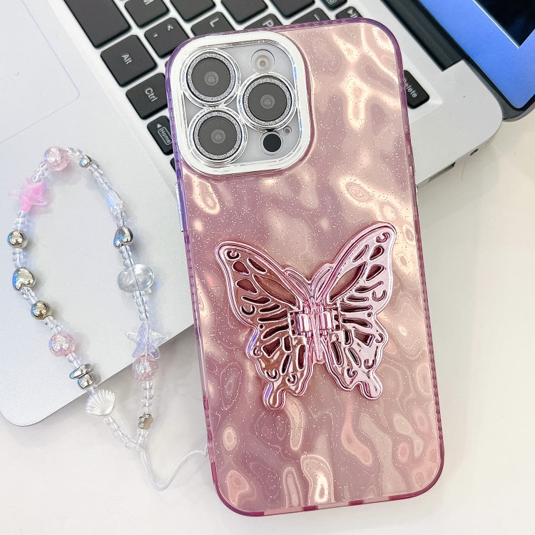 Plating Glitter Lens Film Texture Butterfly Holder Wristband Phone Case, For iPhone 15 Pro