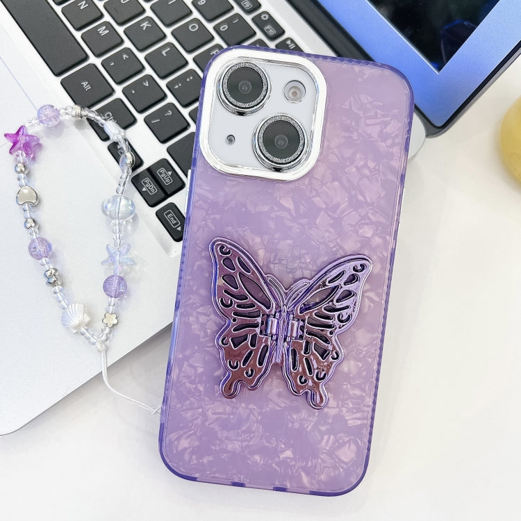 Plating Glitter Lens Film Texture Butterfly Holder Wristband Phone Case, For iPhone 15