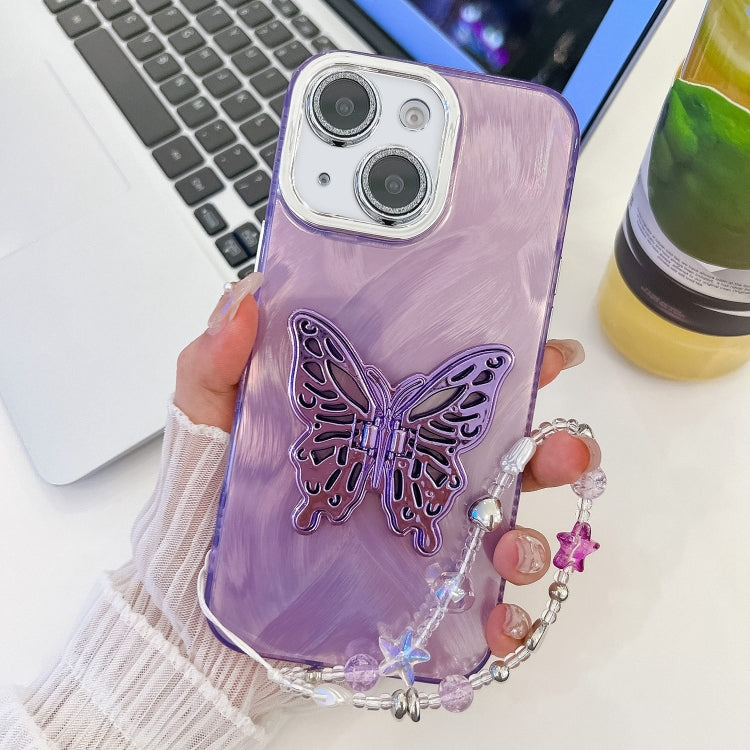 Plating Glitter Lens Film Texture Butterfly Holder Wristband Phone Case, For iPhone 15