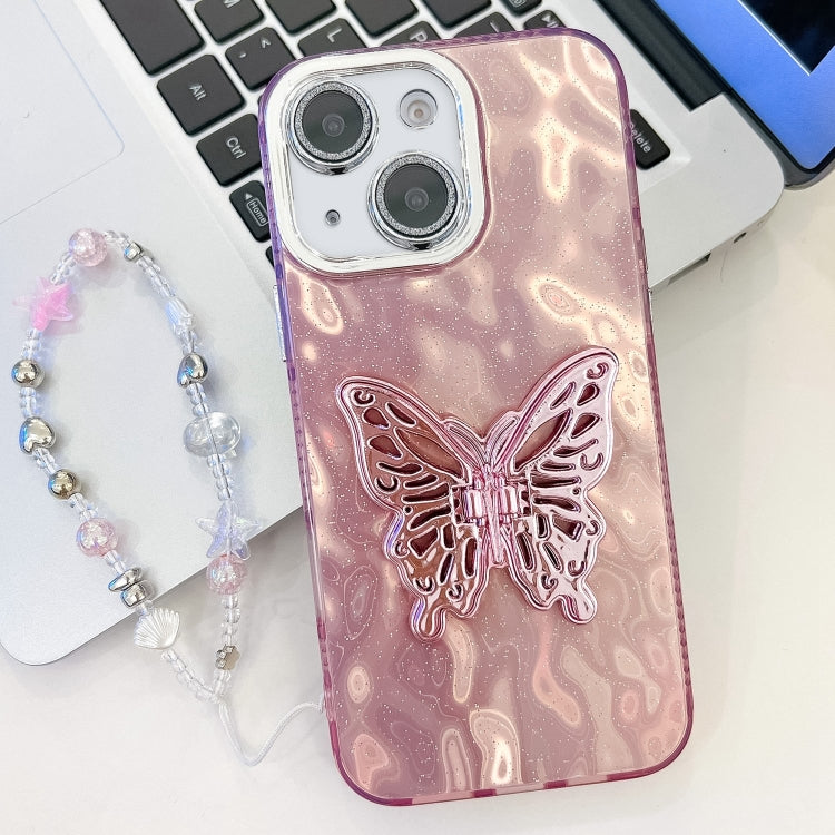 Plating Glitter Lens Film Texture Butterfly Holder Wristband Phone Case, For iPhone 15