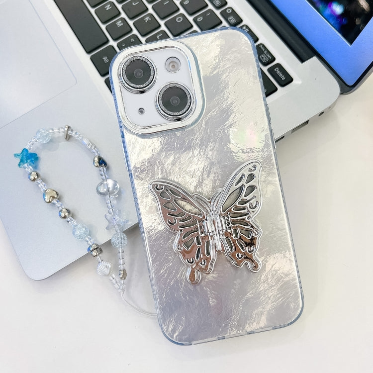Plating Glitter Lens Film Texture Butterfly Holder Wristband Phone Case, For iPhone 15