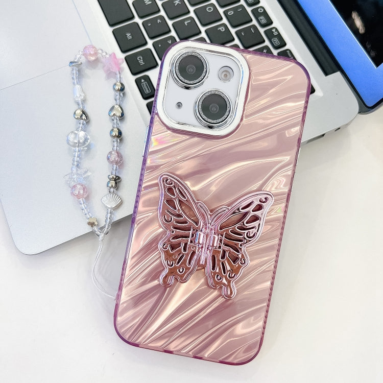 Plating Glitter Lens Film Texture Butterfly Holder Wristband Phone Case, For iPhone 14