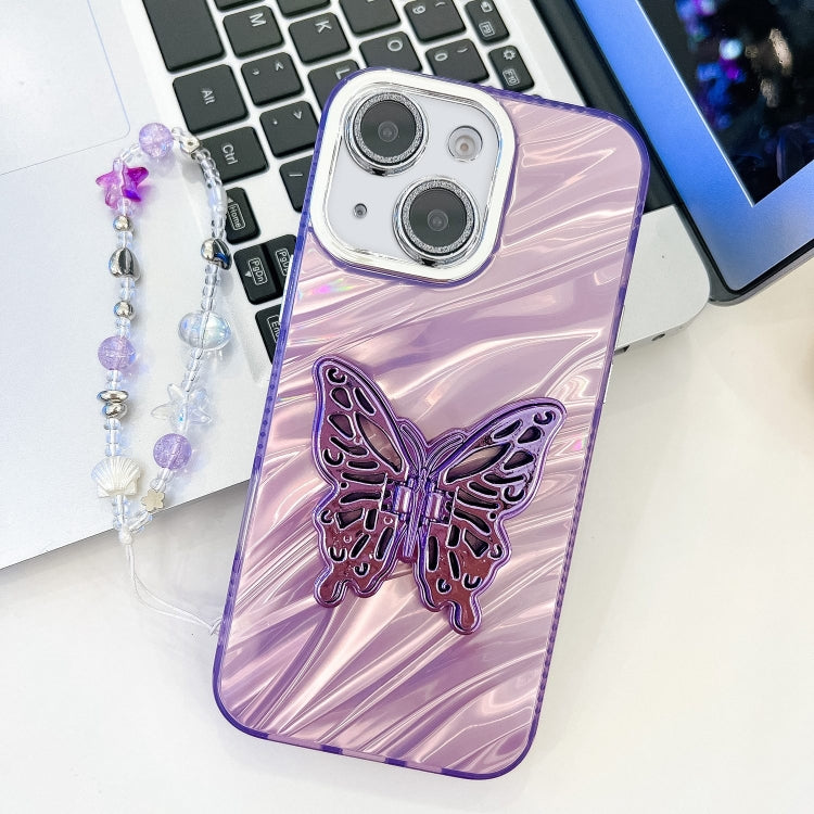 Plating Glitter Lens Film Texture Butterfly Holder Wristband Phone Case, For iPhone 14