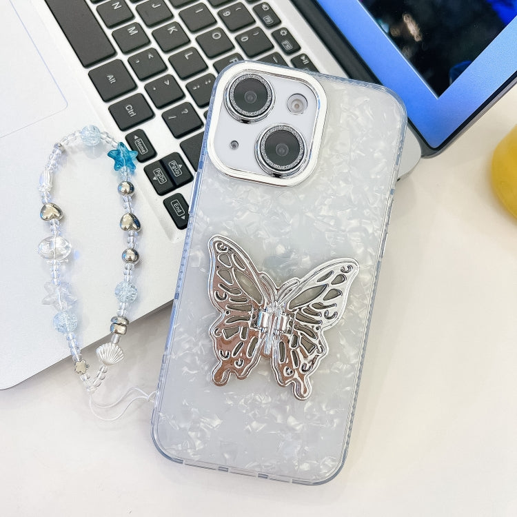 Plating Glitter Lens Film Texture Butterfly Holder Wristband Phone Case, For iPhone 14
