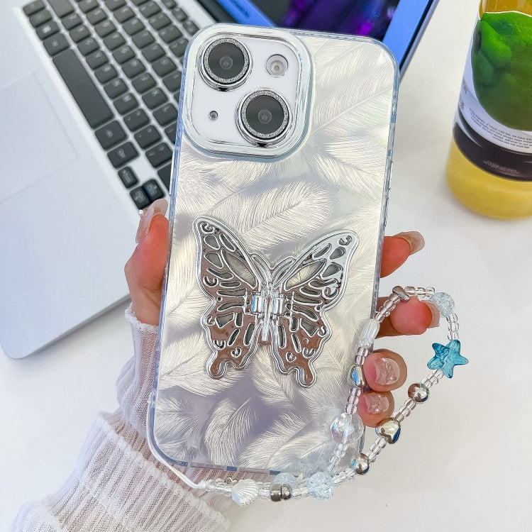 Plating Glitter Lens Film Texture Butterfly Holder Wristband Phone Case, For iPhone 14