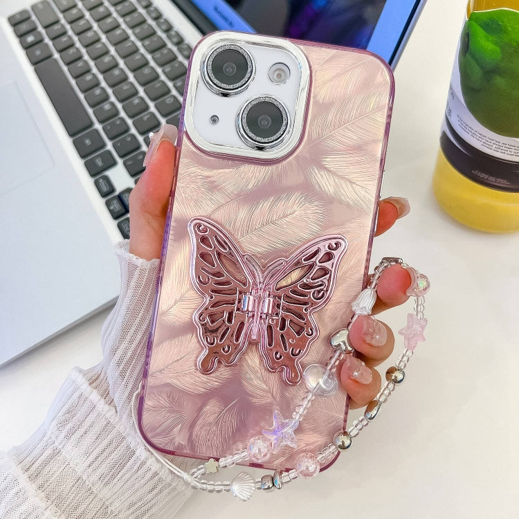 Plating Glitter Lens Film Texture Butterfly Holder Wristband Phone Case, For iPhone 14