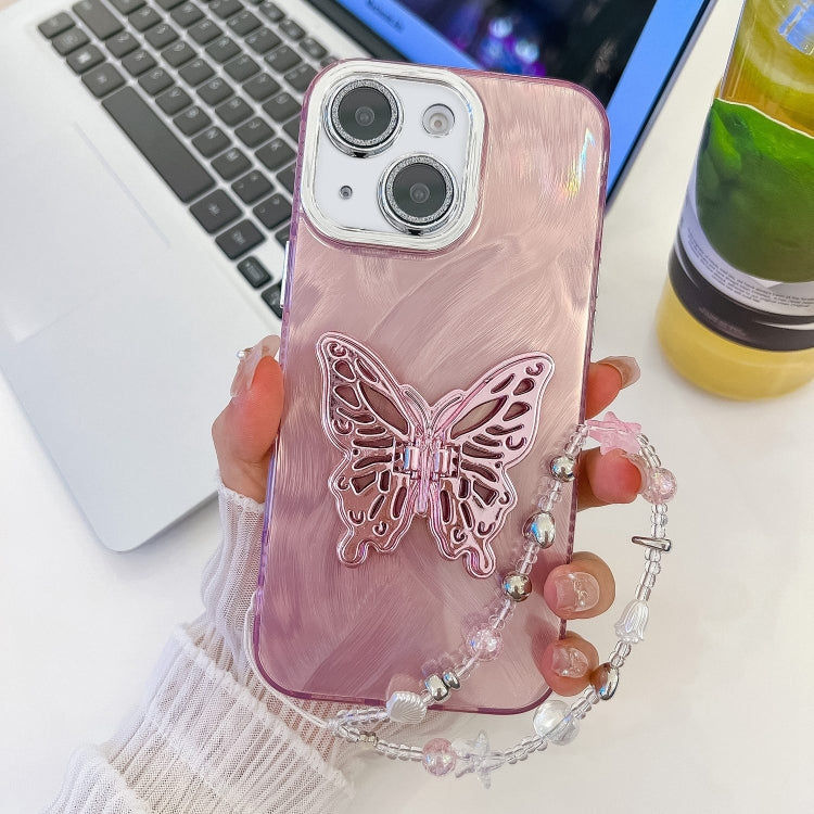Plating Glitter Lens Film Texture Butterfly Holder Wristband Phone Case, For iPhone 14