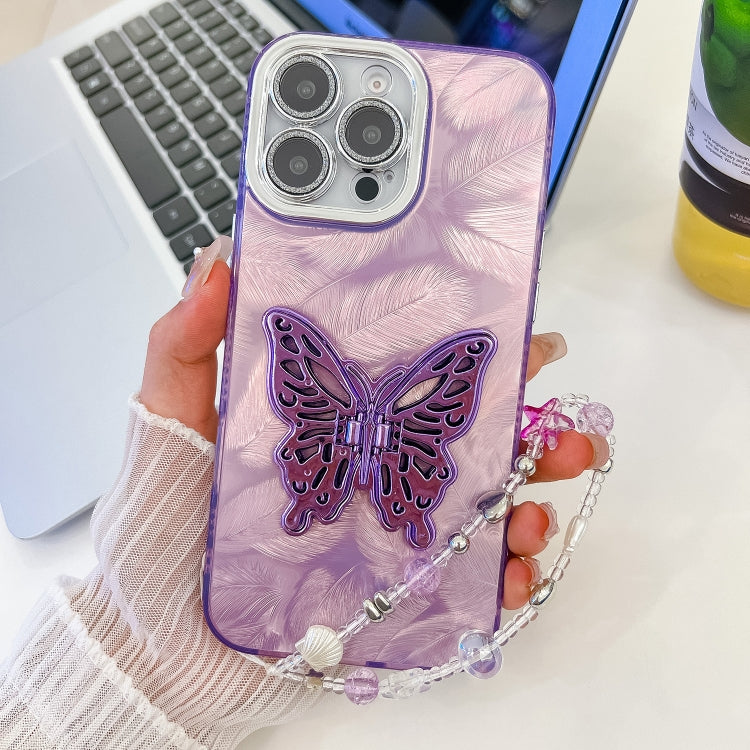 Plating Glitter Lens Film Texture Butterfly Holder Wristband Phone Case, For iPhone 14 Pro