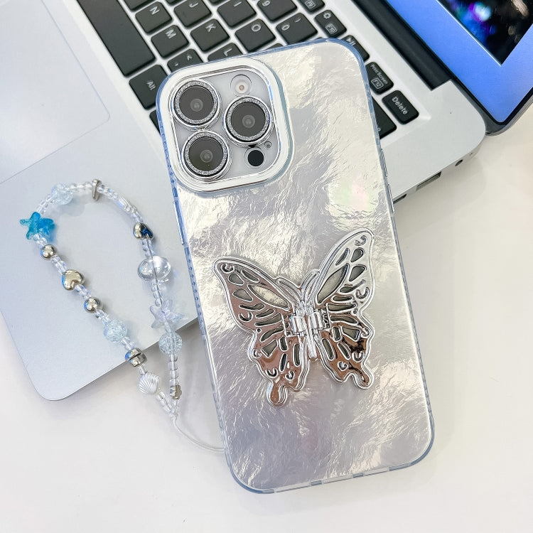 Plating Glitter Lens Film Texture Butterfly Holder Wristband Phone Case, For iPhone 14 Pro