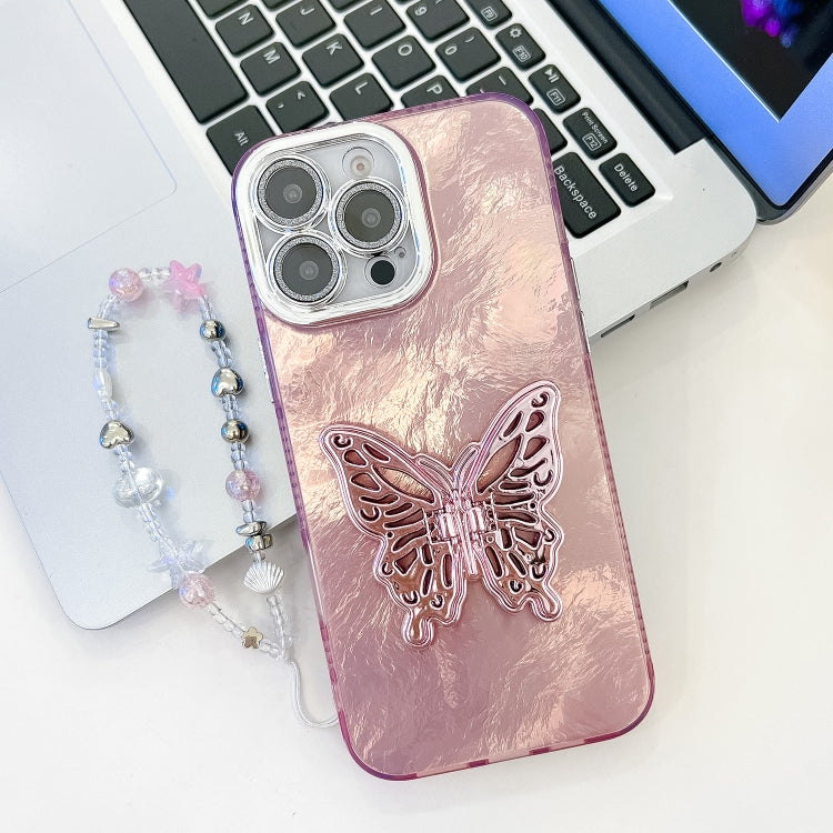 Plating Glitter Lens Film Texture Butterfly Holder Wristband Phone Case, For iPhone 14 Pro