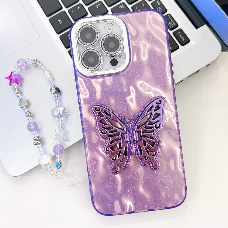 Plating Glitter Lens Film Texture Butterfly Holder Wristband Phone Case, For iPhone 14 Pro Max