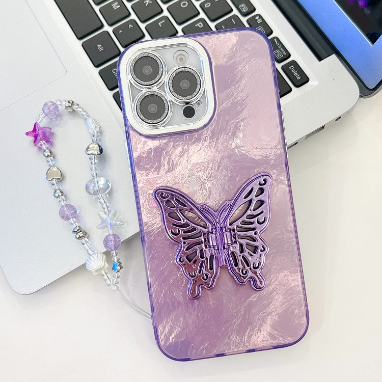 Plating Glitter Lens Film Texture Butterfly Holder Wristband Phone Case, For iPhone 14 Pro Max