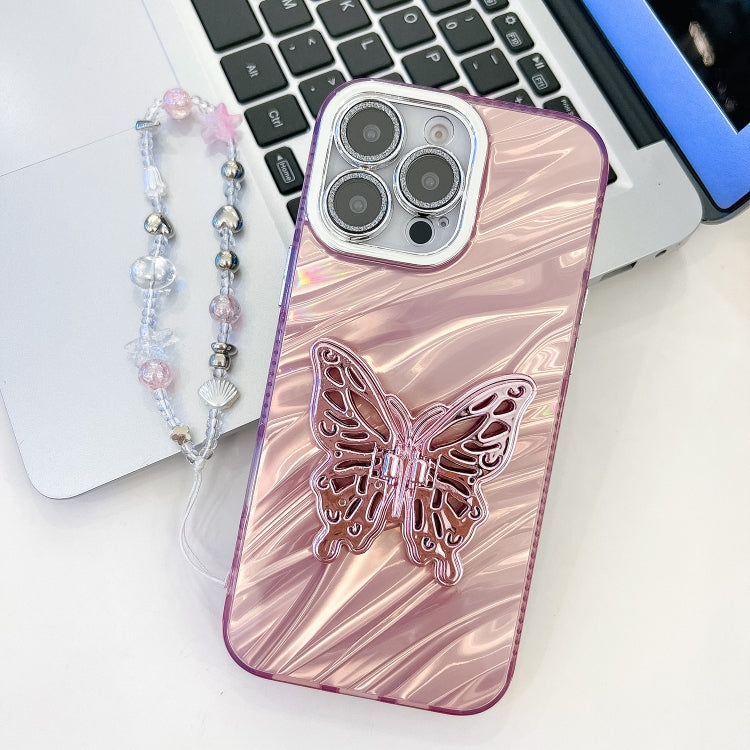 Plating Glitter Lens Film Texture Butterfly Holder Wristband Phone Case, For iPhone 13 Pro Max