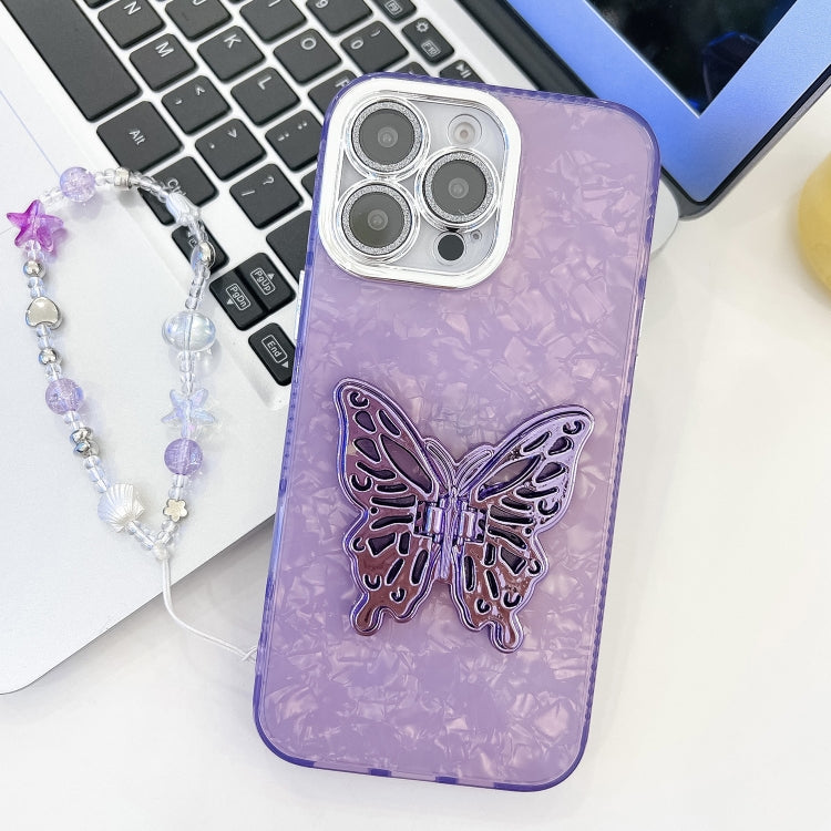 Plating Glitter Lens Film Texture Butterfly Holder Wristband Phone Case, For iPhone 13 Pro Max