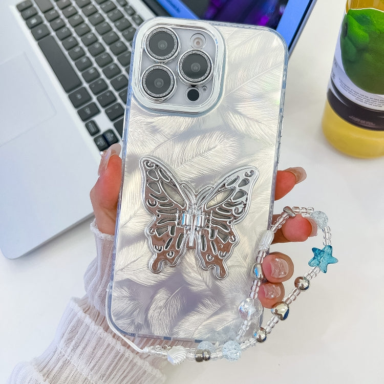 Plating Glitter Lens Film Texture Butterfly Holder Wristband Phone Case, For iPhone 13 Pro Max