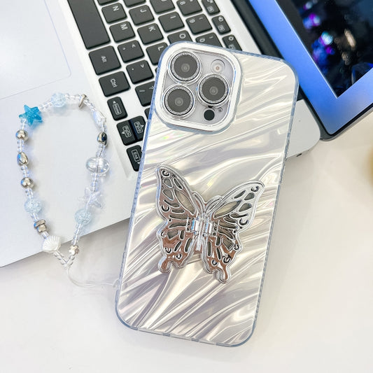 Plating Glitter Lens Film Texture Butterfly Holder Wristband Phone Case, For iPhone 13 Pro