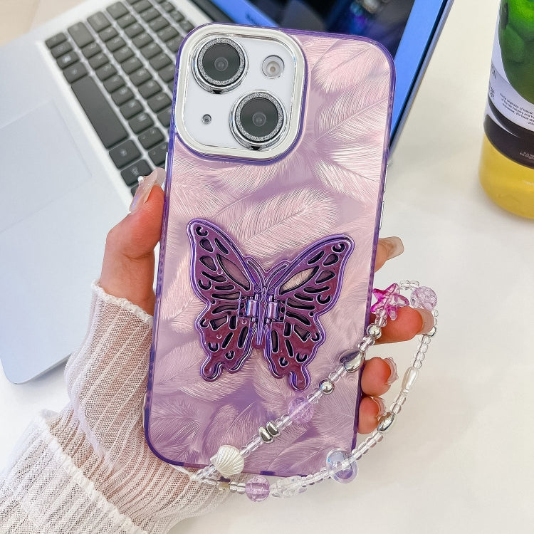 Plating Glitter Lens Film Texture Butterfly Holder Wristband Phone Case, For iPhone 13