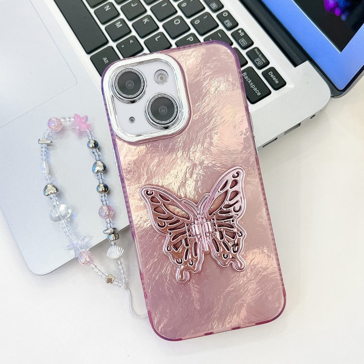 Plating Glitter Lens Film Texture Butterfly Holder Wristband Phone Case, For iPhone 13