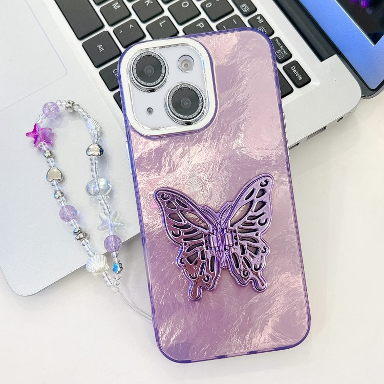Plating Glitter Lens Film Texture Butterfly Holder Wristband Phone Case, For iPhone 13