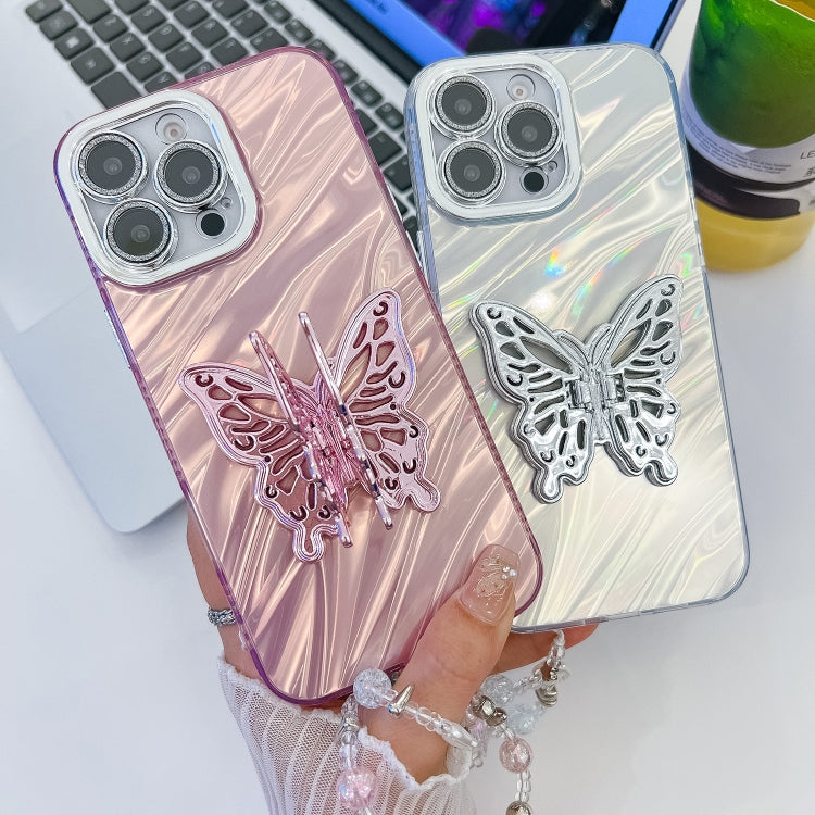 Plating Glitter Lens Film Texture Butterfly Holder Wristband Phone Case, For iPhone 14