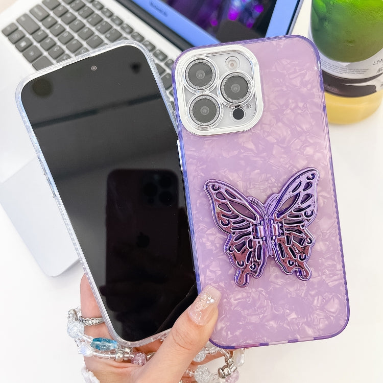 Plating Glitter Lens Film Texture Butterfly Holder Wristband Phone Case, For iPhone 15 Pro Max
