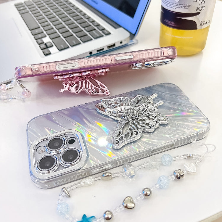Plating Glitter Lens Film Texture Butterfly Holder Wristband Phone Case, For iPhone 16 Pro Max